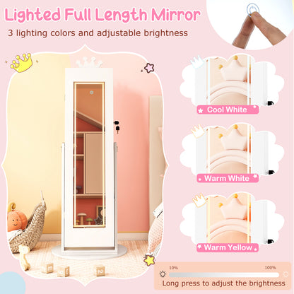 White Jewelry Cabinet for Kids | 360° Swivel with LED Lights