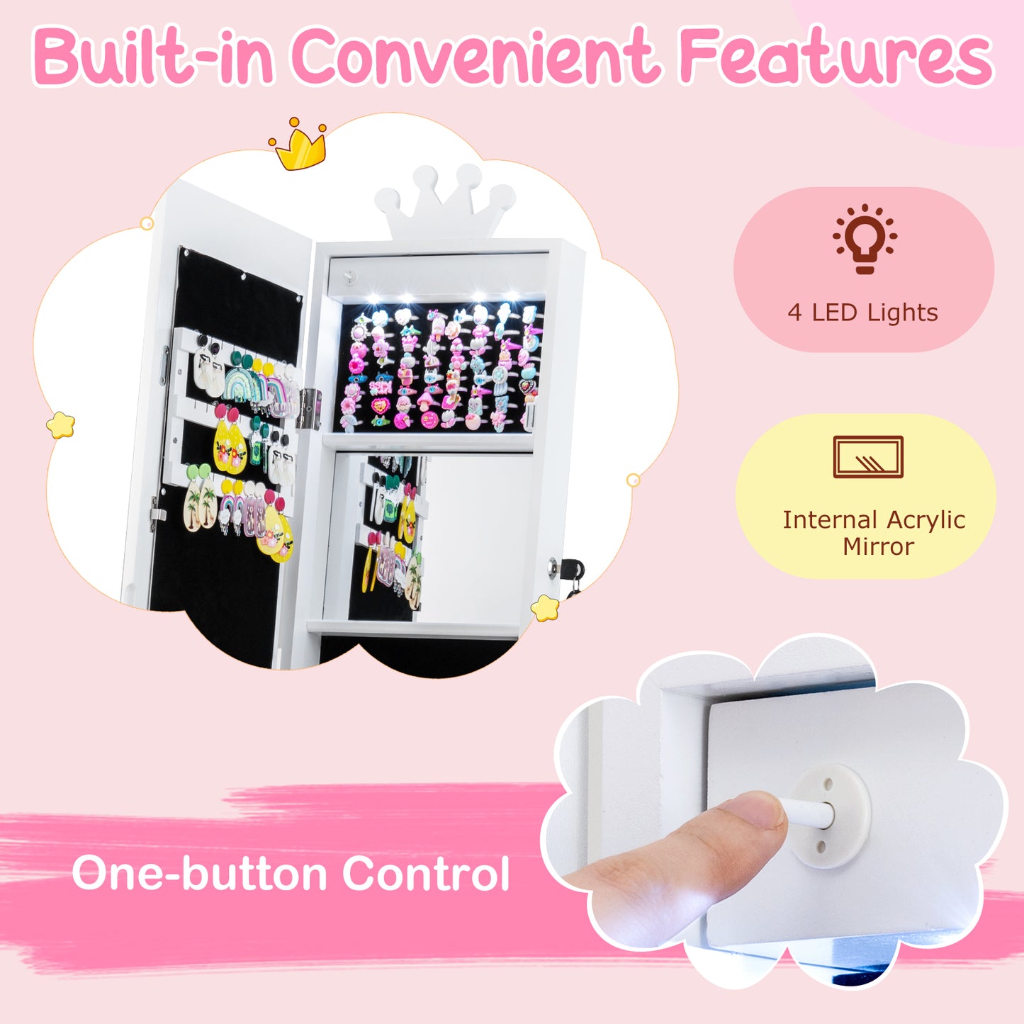 White Jewelry Cabinet for Kids | 360° Swivel with LED Lights