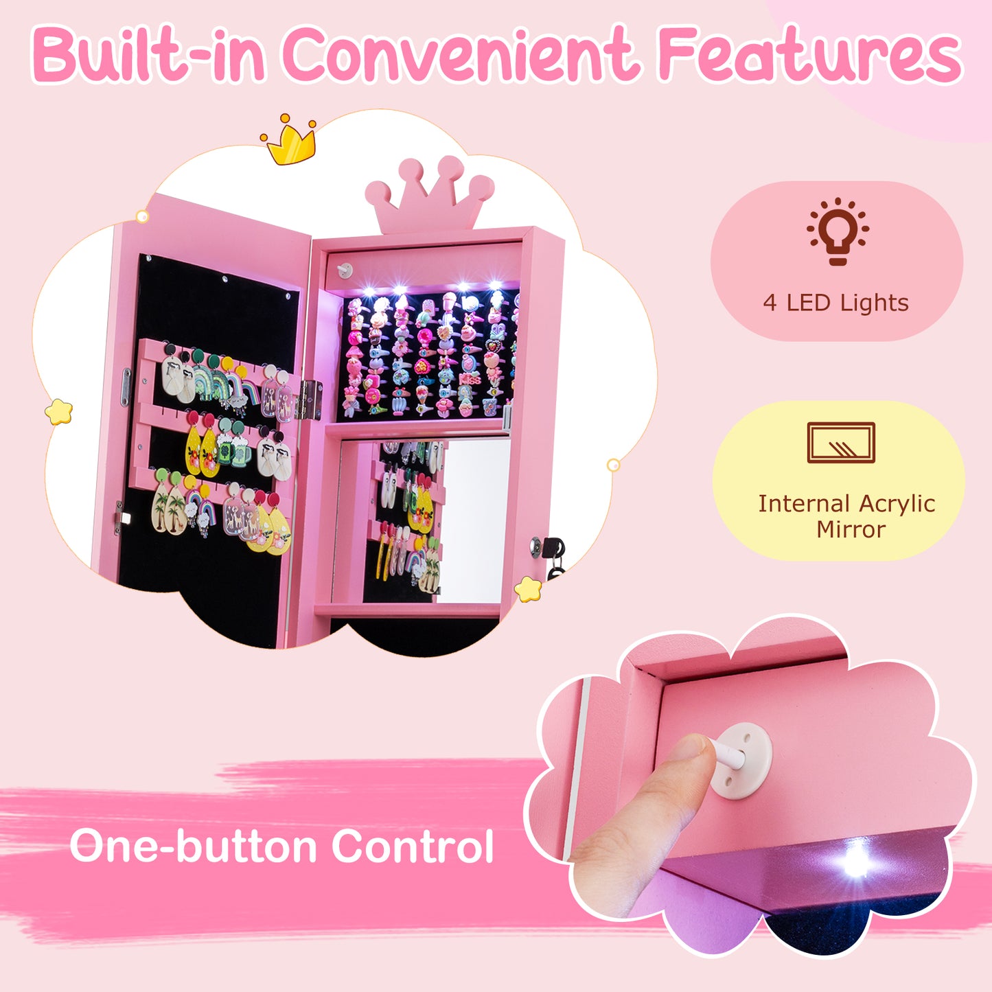 Pink Kids Jewelry Cabinet | Swivel Design With LED Lights Mirror