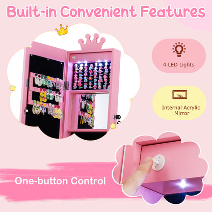 Pink Kids Jewelry Cabinet | Swivel Design With LED Lights Mirror