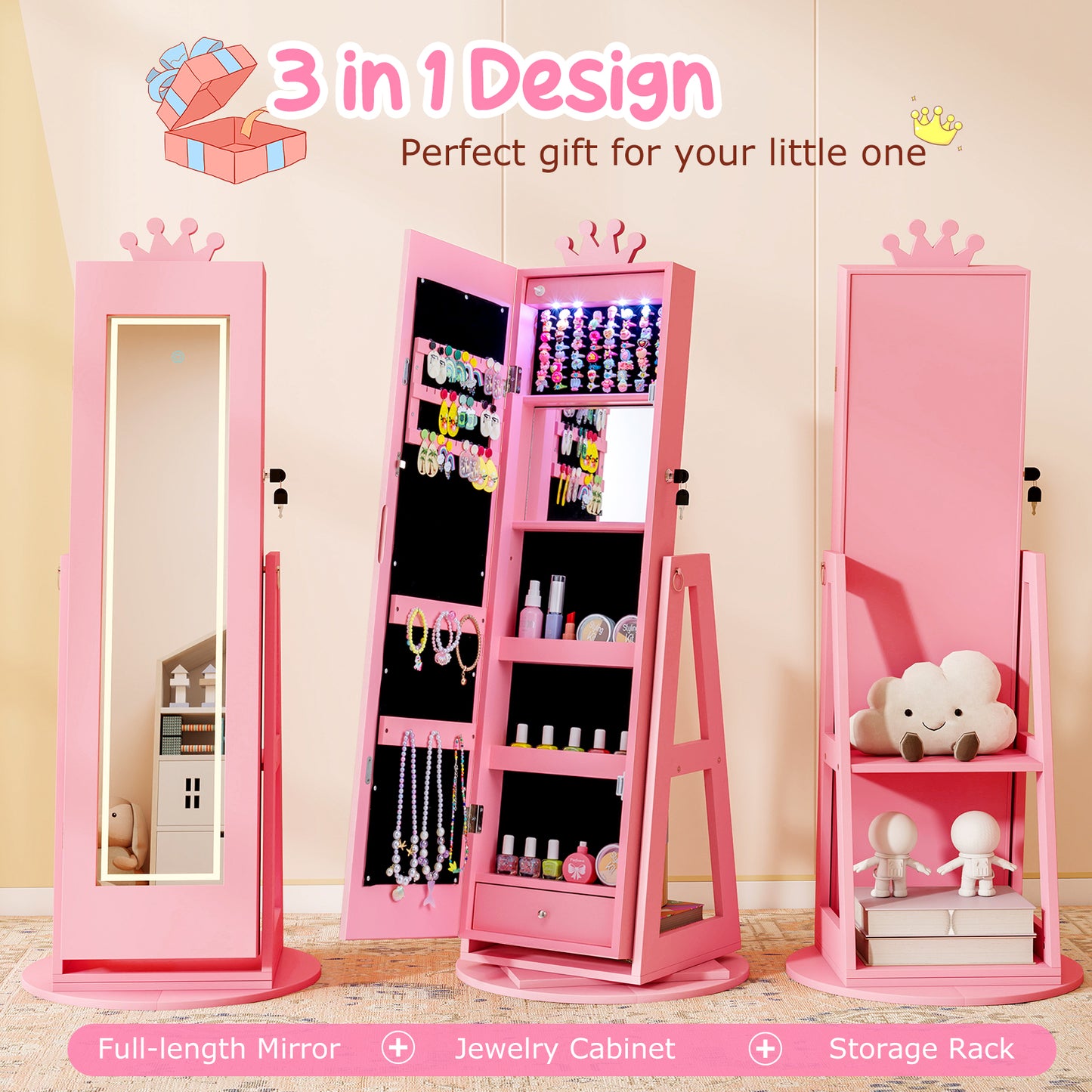 Pink Kids Jewelry Cabinet | Swivel Design With LED Lights Mirror
