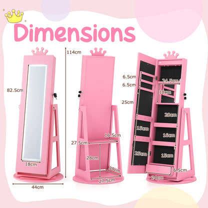 Pink Kids Jewelry Cabinet | Swivel Design With LED Lights Mirror