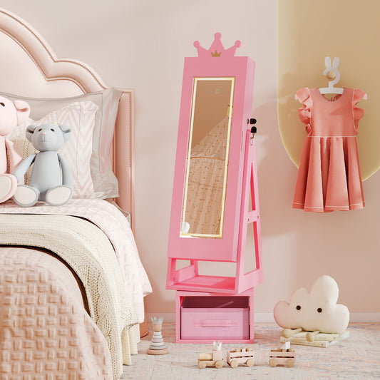 Swivel Kids Jewelry Cabinet with Lights and Full-Length Mirror-Pink
