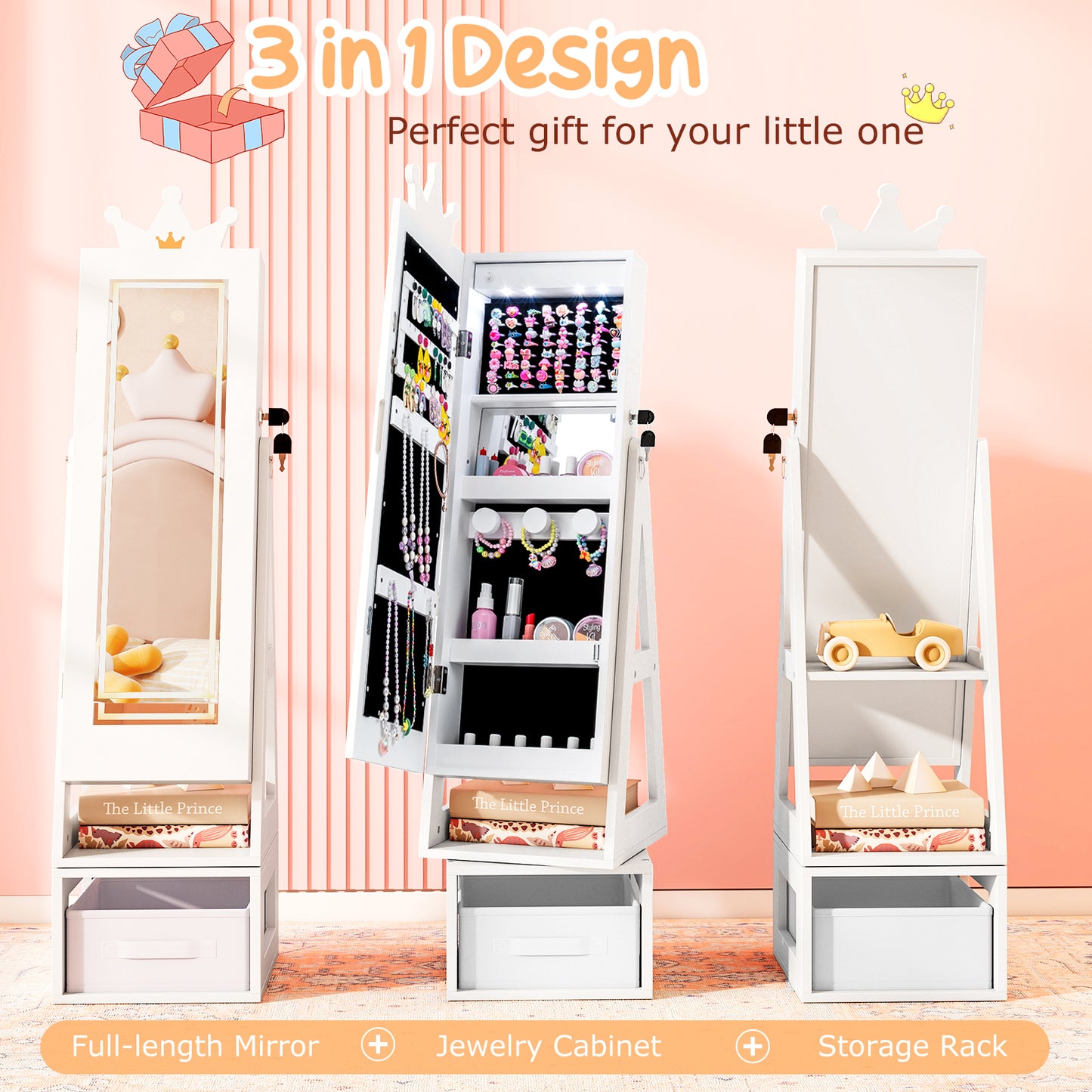 Kids White Jewelry Cabinet | Swivel Mirror Lights Storage