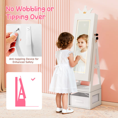 Kids White Jewelry Cabinet | Swivel Mirror Lights Storage