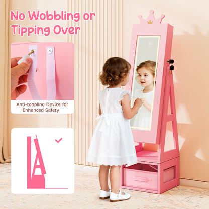 Swivel Kids Jewelry Cabinet With LED Lights | Full Mirror Pink