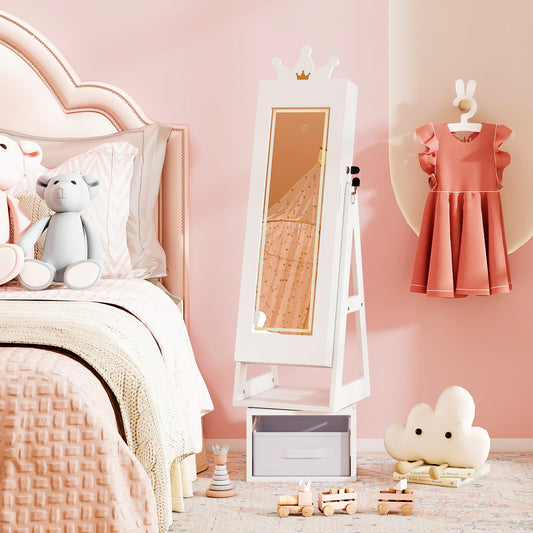 Swivel Kids Jewelry Cabinet with Lights and Full-Length Mirror-White