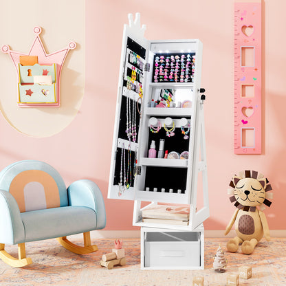 Kids White Jewelry Cabinet | Swivel Mirror Lights Storage