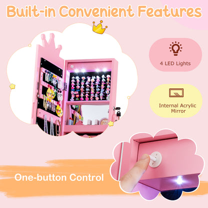 Swivel Kids Jewelry Cabinet With LED Lights | Full Mirror Pink
