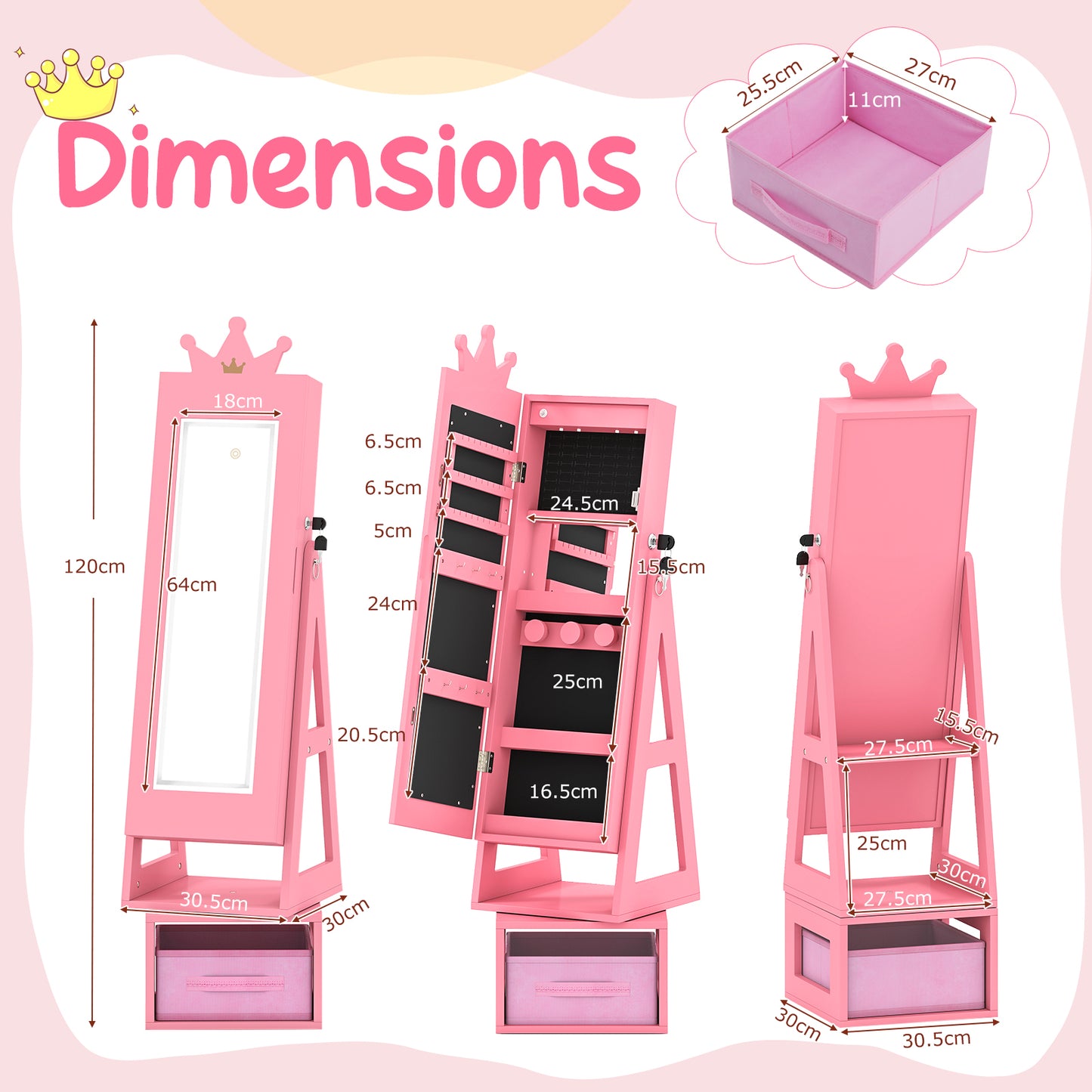 Swivel Kids Jewelry Cabinet With LED Lights | Full Mirror Pink