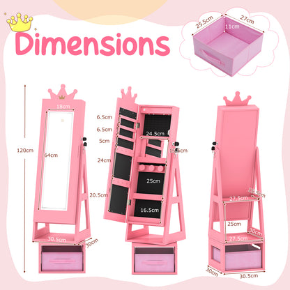 Swivel Kids Jewelry Cabinet With LED Lights | Full Mirror Pink
