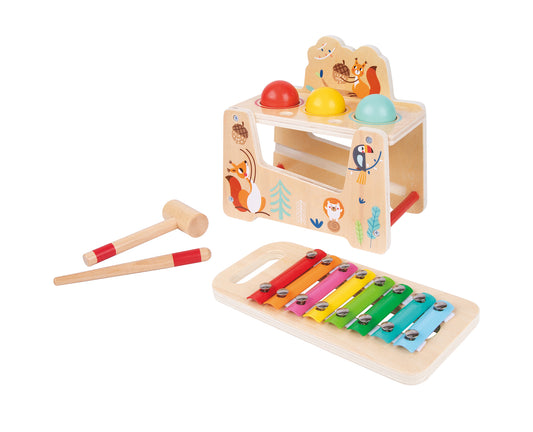 Colorful wooden ball-pounding musical bench encourages motor skills and rhythm exploration through interactive play