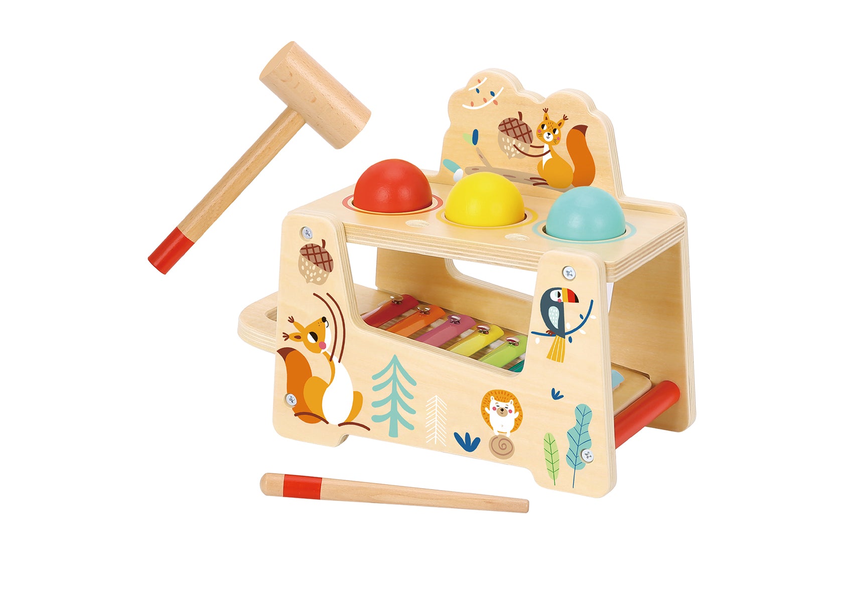 Colorful wooden ball-pounding bench combines musical play with fine motor skill development for interactive learning fun