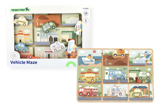 Tooky Toy Traffic Maze Puzzle Board engages kids with educational vehicle game at home.