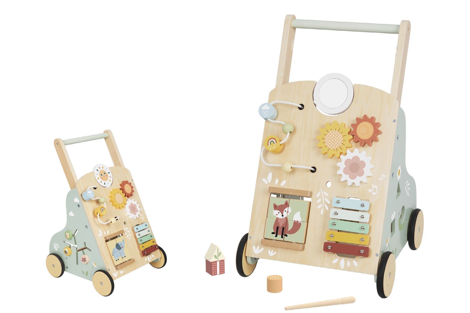 Forest-themed baby walker with activity center for engaging and entertaining play at home.