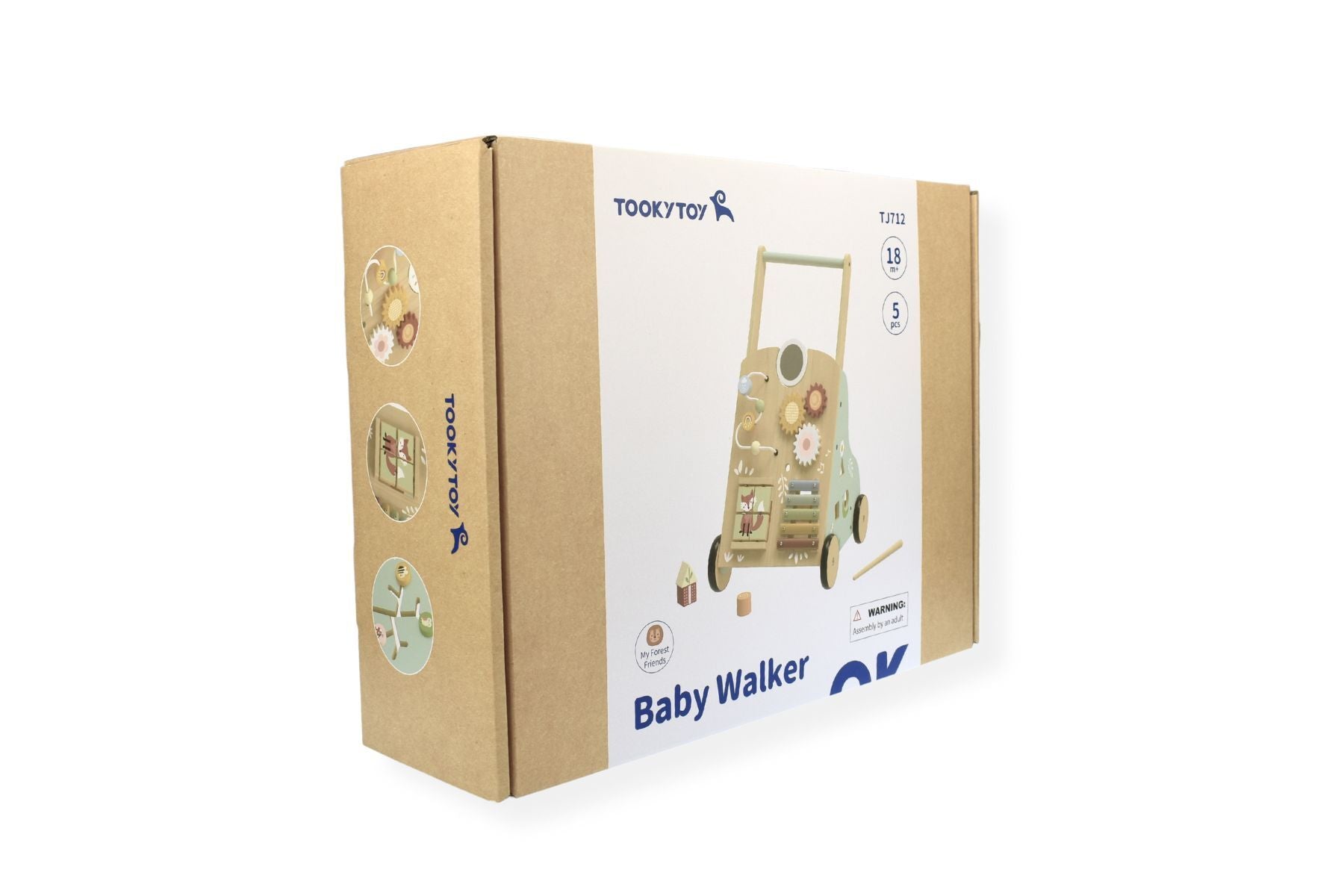 Wooden forest-themed baby walker and activity center for learning and playing at home.