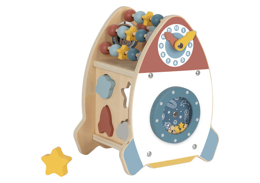 Colorful Tooky Toy Wooden Space Rocket offers interactive play for toddlers at home.