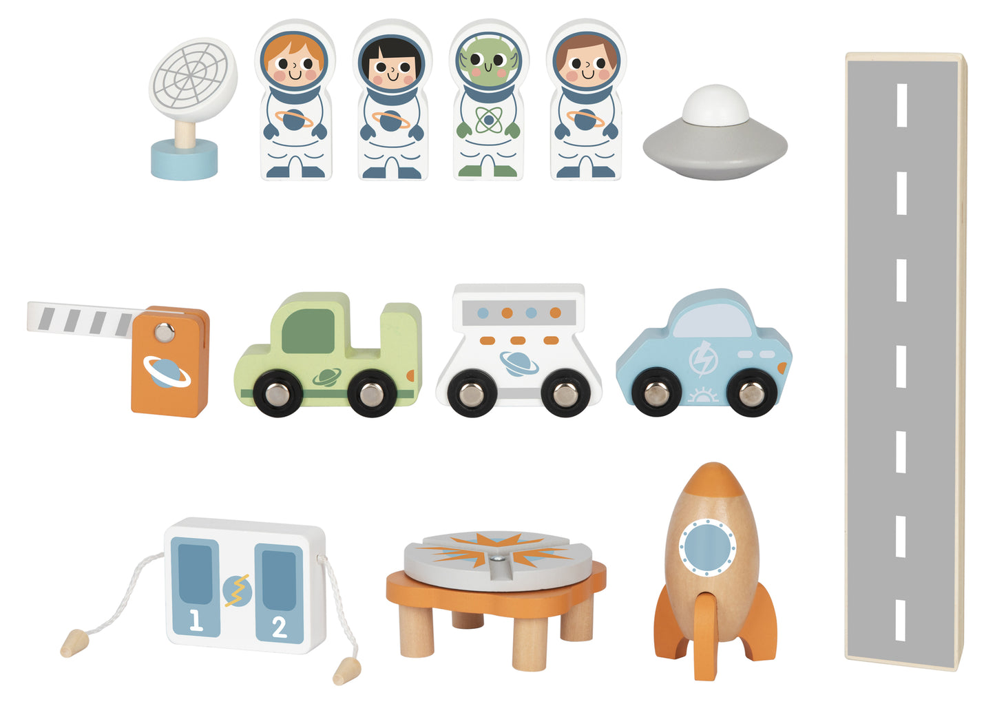 Wooden Space Station Playset in blue offers imaginative galactic adventures with modular design and cosmic details