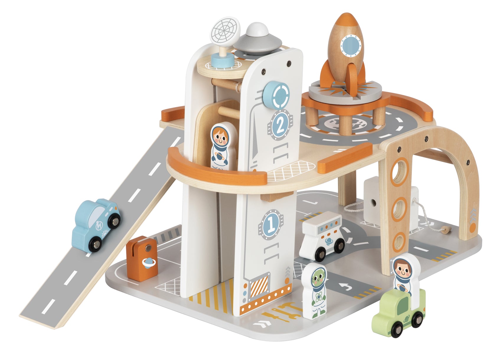 Wooden Space Station Playset in blue offers galactic adventures with modular pieces for imaginative cosmic exploration