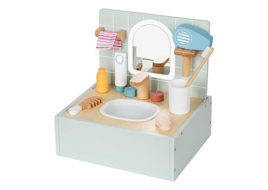 Wooden Bathroom Playset with accessories, ideal for imaginative play in kids home settings.