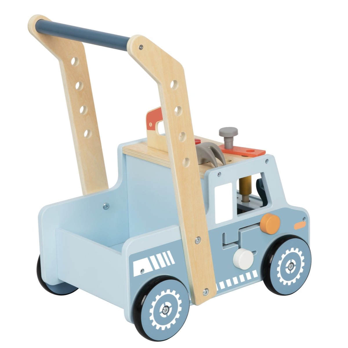 Blue wooden tool bench truck walker with interactive features encourages motor skills and imaginative play