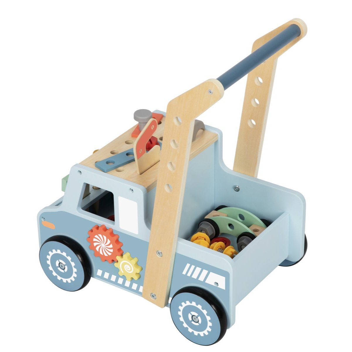 Blue wooden tool bench truck walker features interactive elements for pushing, playing, and learning motor skills