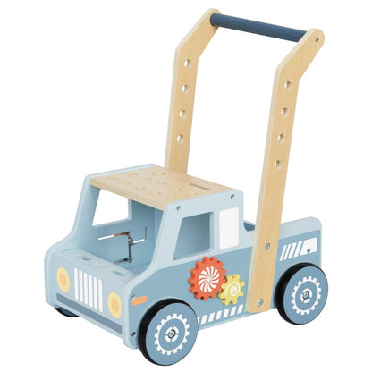 Blue wooden push walker resembles a tool truck, featuring interactive elements for developing motor skills and