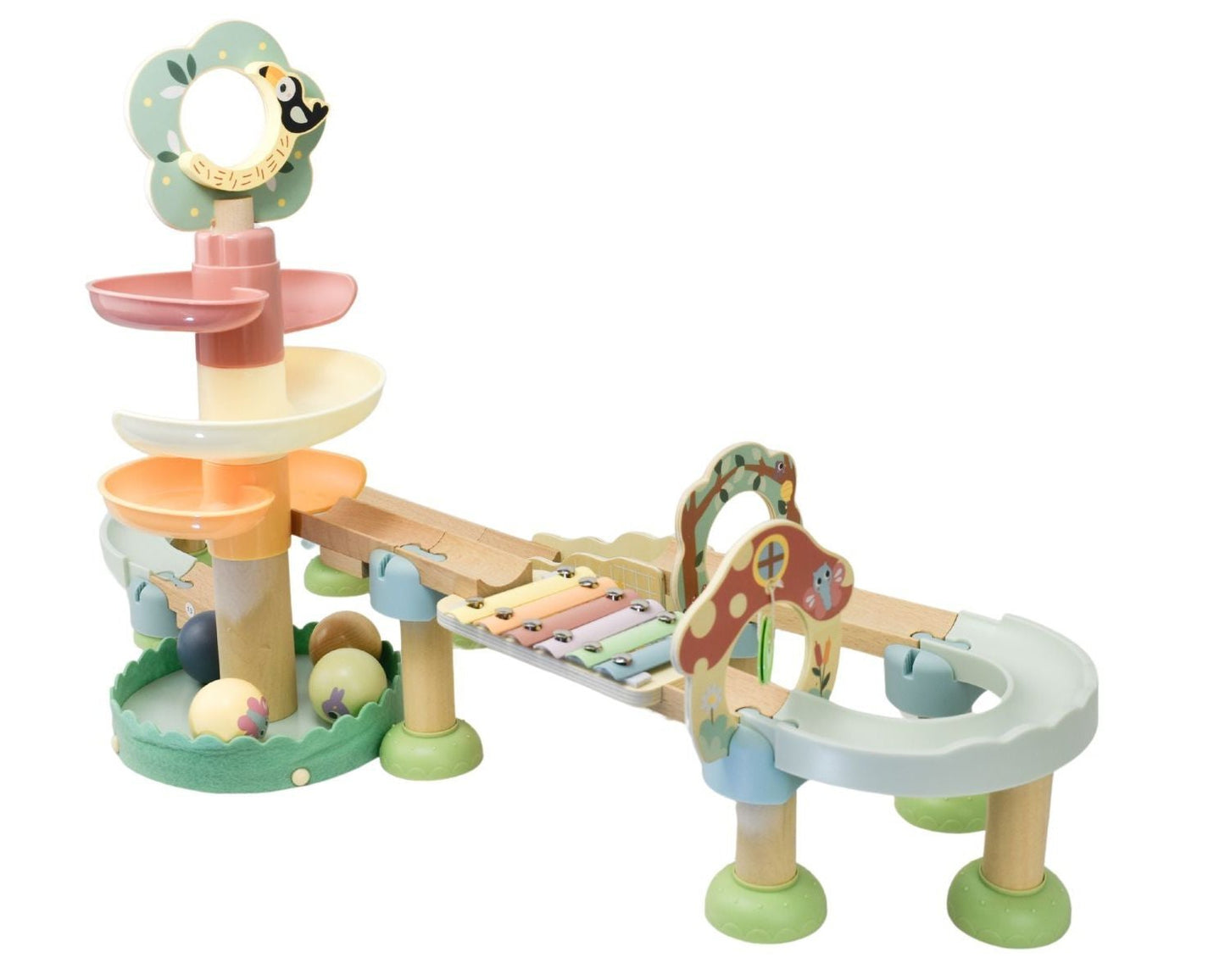 Wooden ball track tower with colorful balls offers musical play and developmental benefits for children