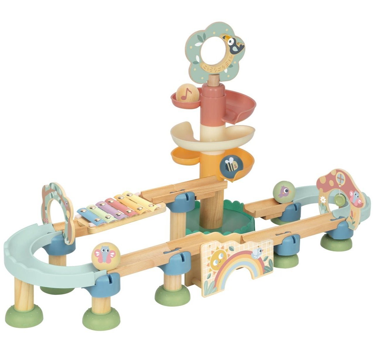 Colorful wooden ball drop musical tower encourages sensory play and motor skills development through interactive rolling
