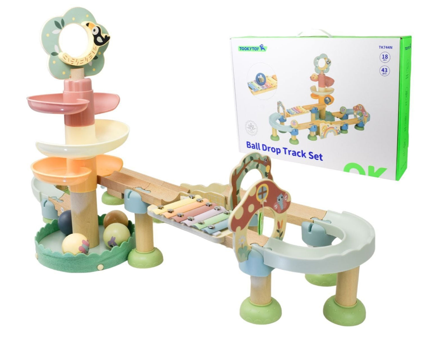 Wooden ball track set features colorful balls and musical tower for interactive, sensory play experience