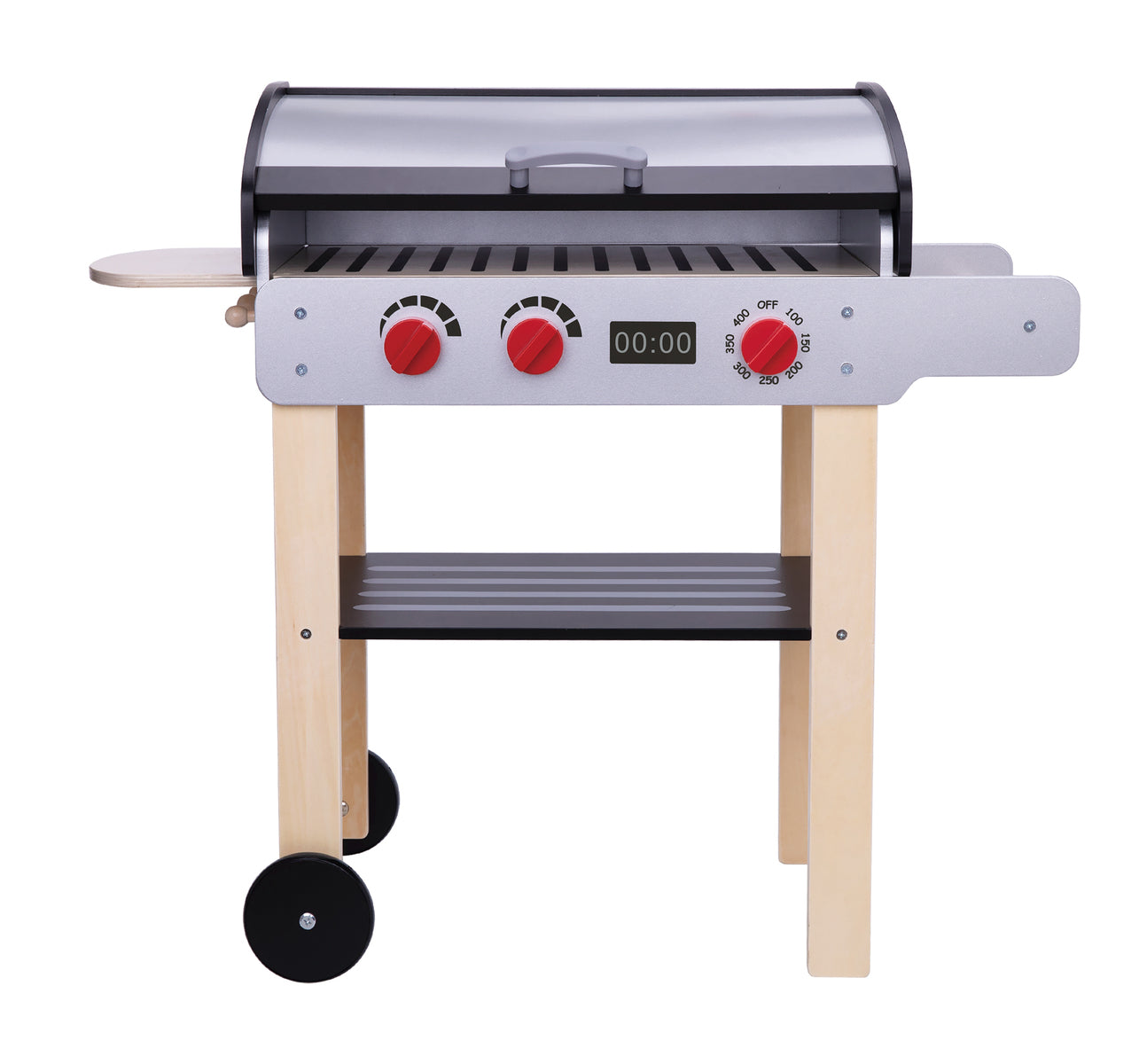 Wooden BBQ grill playset for kids, 36 pieces, promotes imaginative play and social interaction.