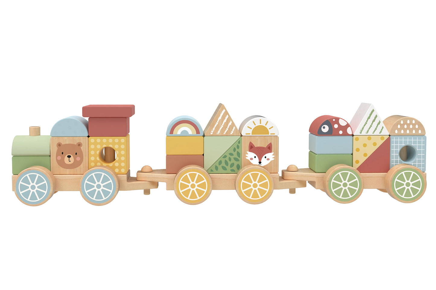 Colorful wooden train stacking blocks encourage imaginative play and develop motor skills for young children