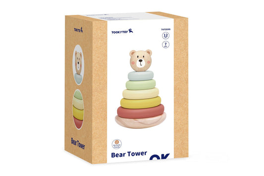 Wooden bear stacking tower toy for kids, promoting fine motor skills and imaginative play.