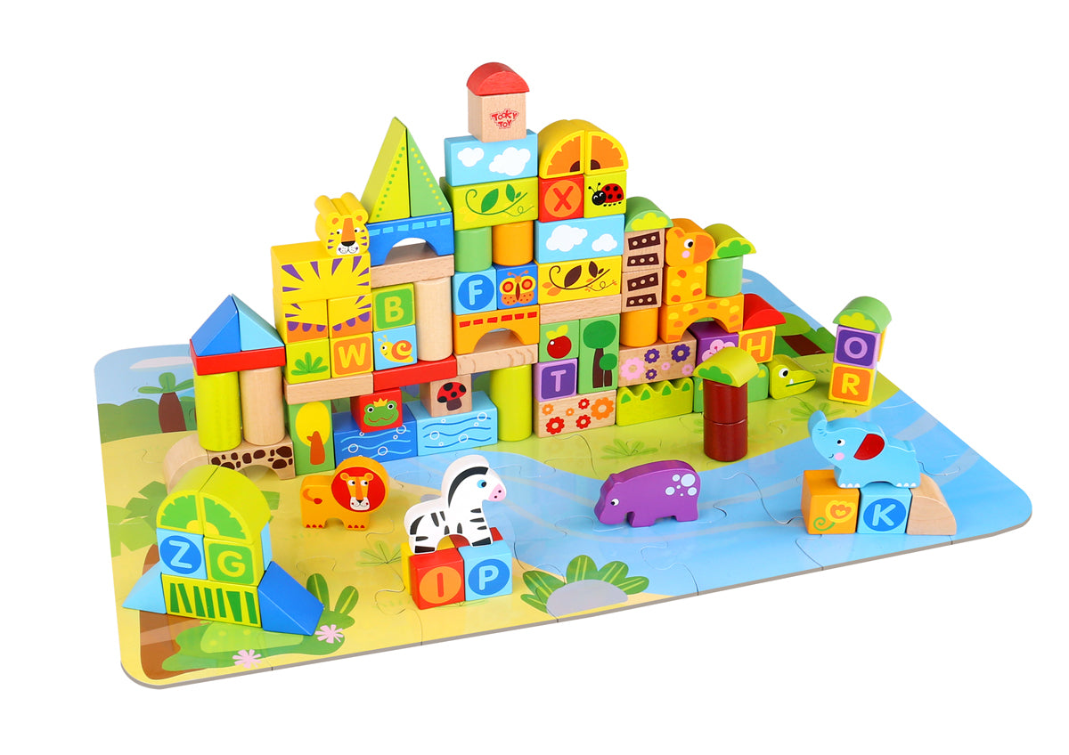 Colorful jungle animal-themed wooden blocks, ideal for creative play and learning at home.