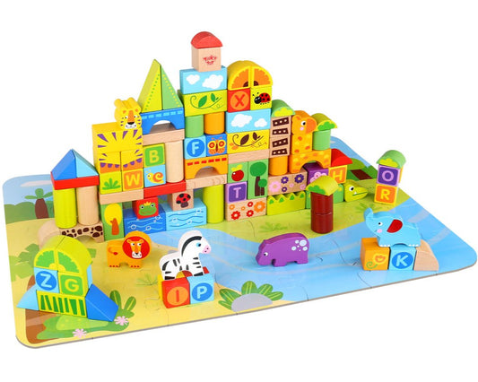 Colorful jungle animal-themed wooden blocks, ideal for creative play and learning at home.