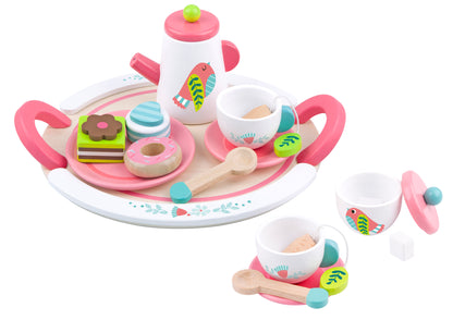 Wooden bird tea set for childrens imaginative play and tea parties at home.