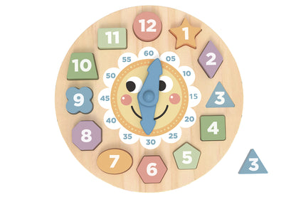 Forest Friends wooden clock shape sorter puzzle for kids educational playtime at home.