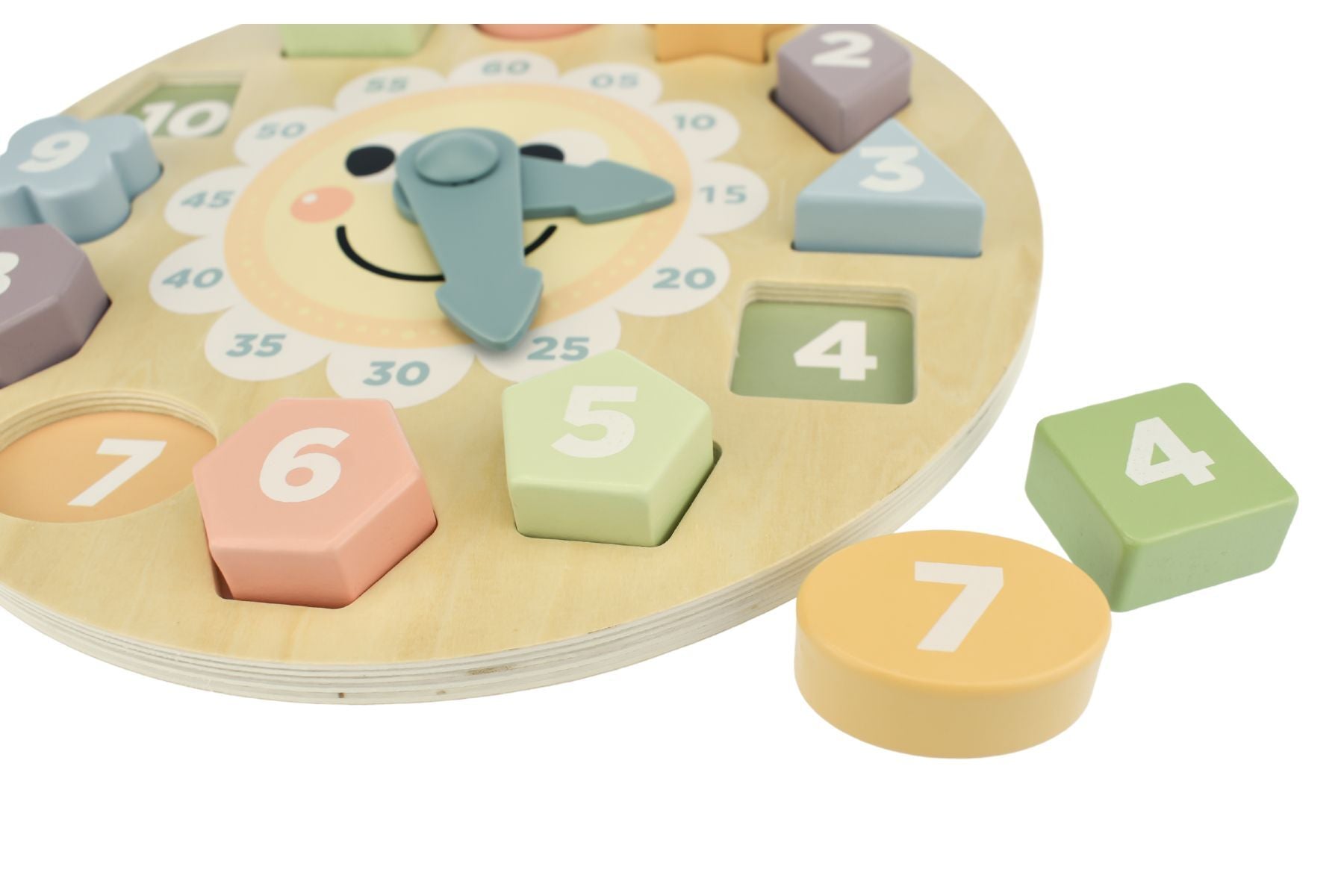 Wooden clock shape sorter puzzle featuring forest friends, ideal for childrens learning and play.