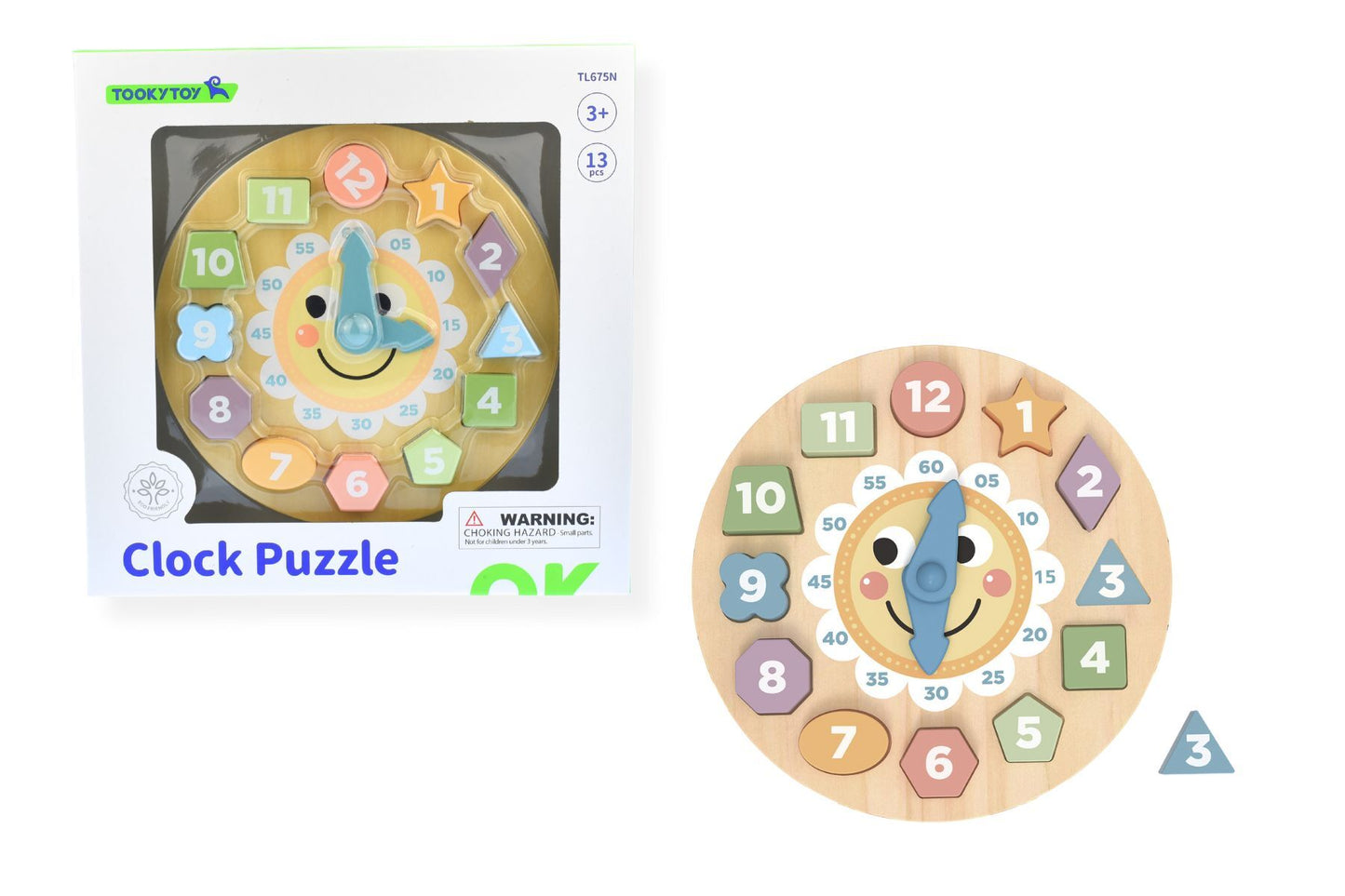 Colorful Forest Friends Wooden Clock Shape Sorter Puzzle for kids learning numbers and shapes.