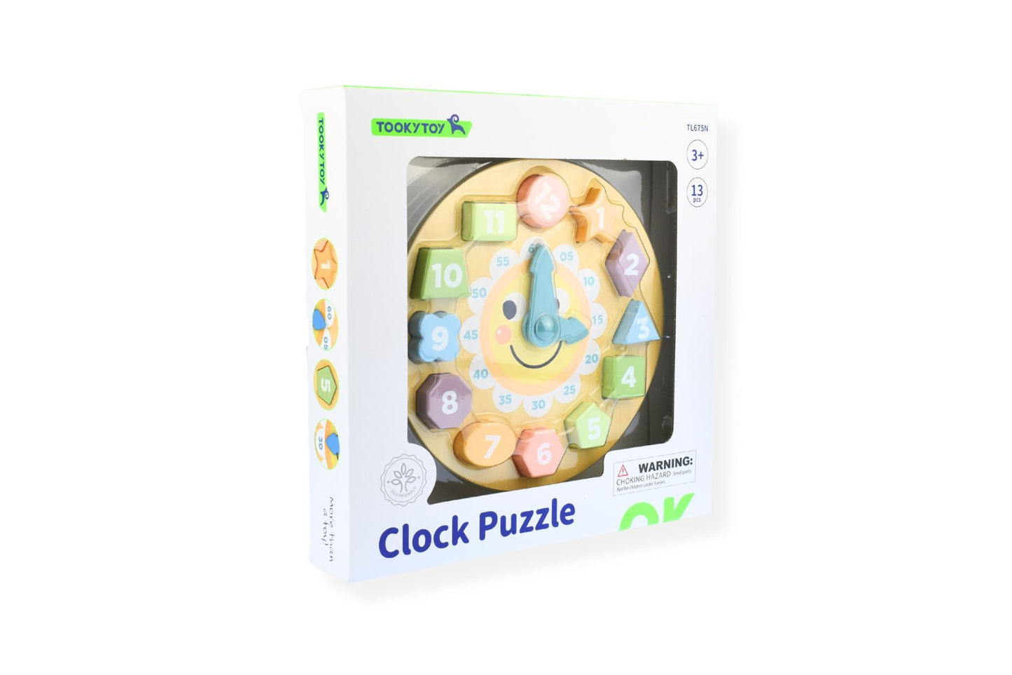 Wooden clock shape sorter puzzle featuring forest friends design for childrens learning and play.