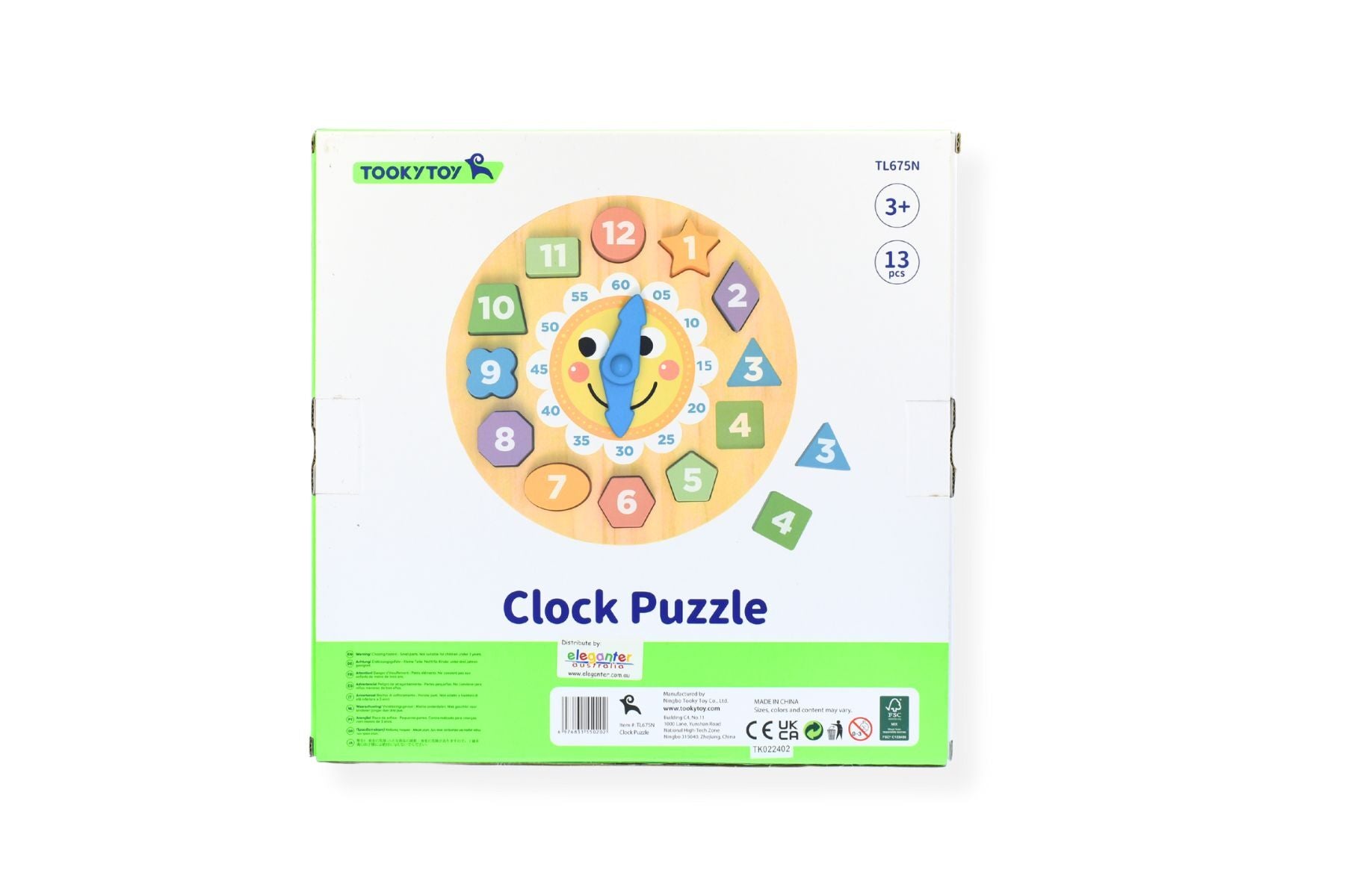 Wooden clock shape sorter puzzle with forest animal friends, perfect for kids learning.