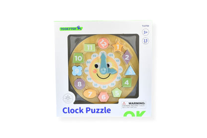 Wooden clock shape sorter puzzle with forest animal friends for childrens learning and play.