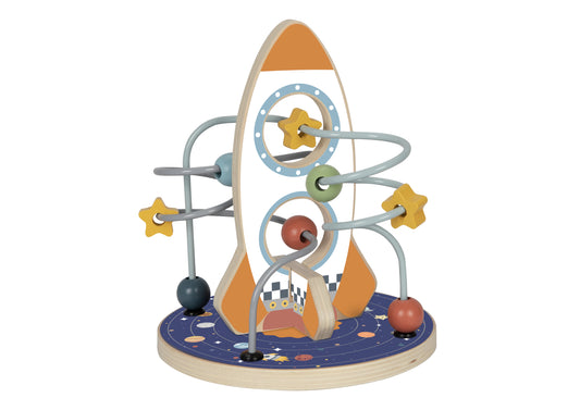 Wooden space rocket bead maze educational toy for childrens interactive play at home.