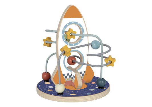 Tooky Toy wooden bead maze depicts a space rocket for educational & interactive play.