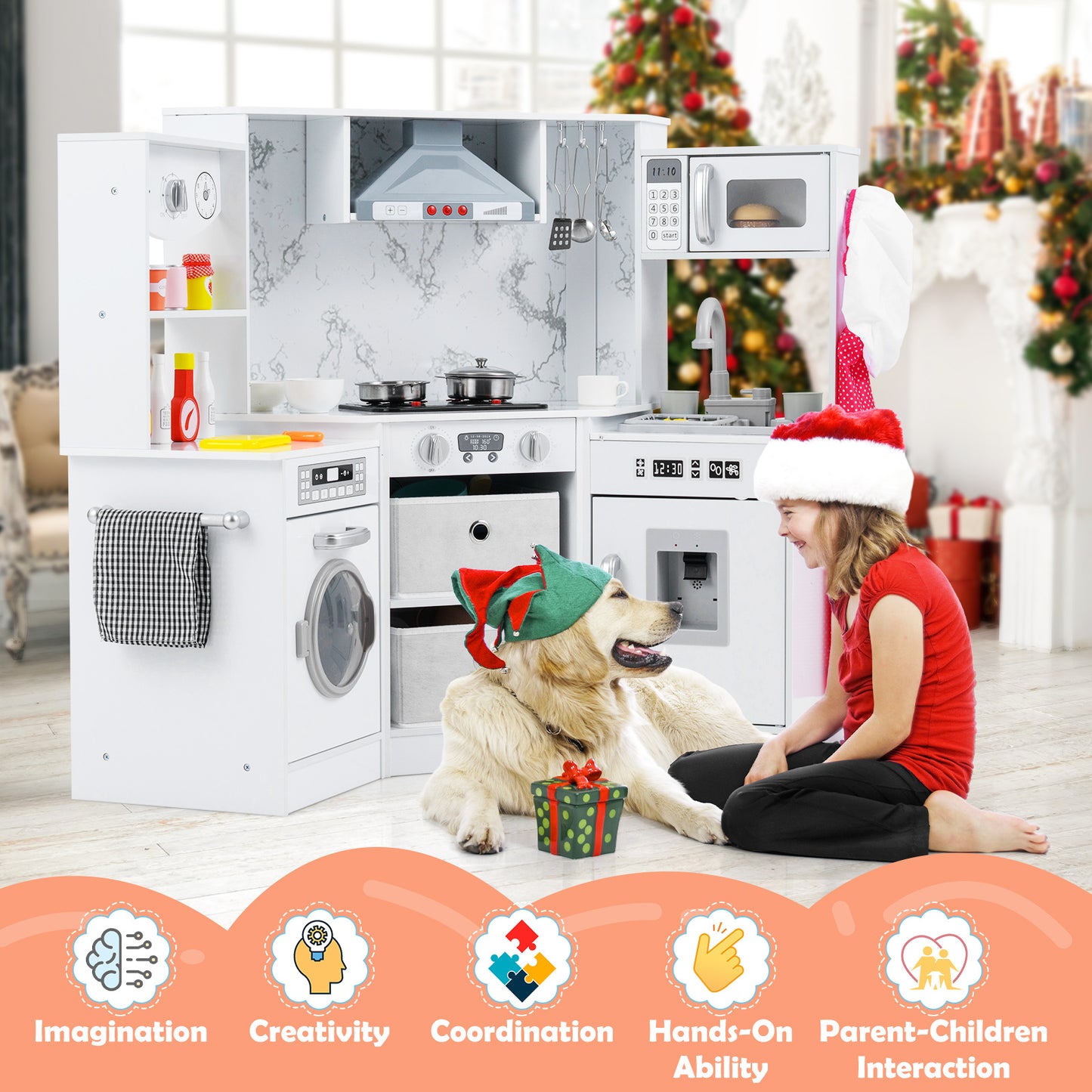 White Wooden Kids Kitchen Set | Lights Sounds Water System