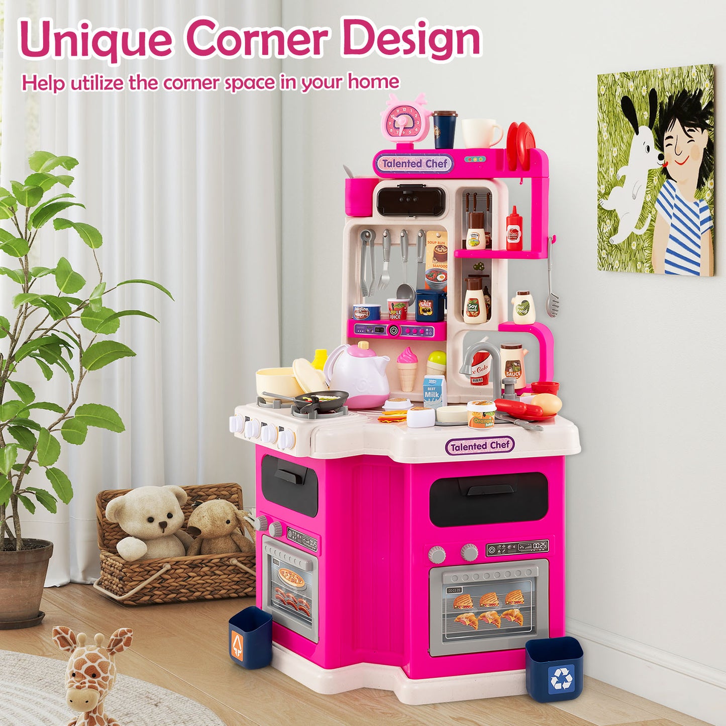 113 Piece Pink Corner Kitchen Playset | Lights & Sounds & Steam