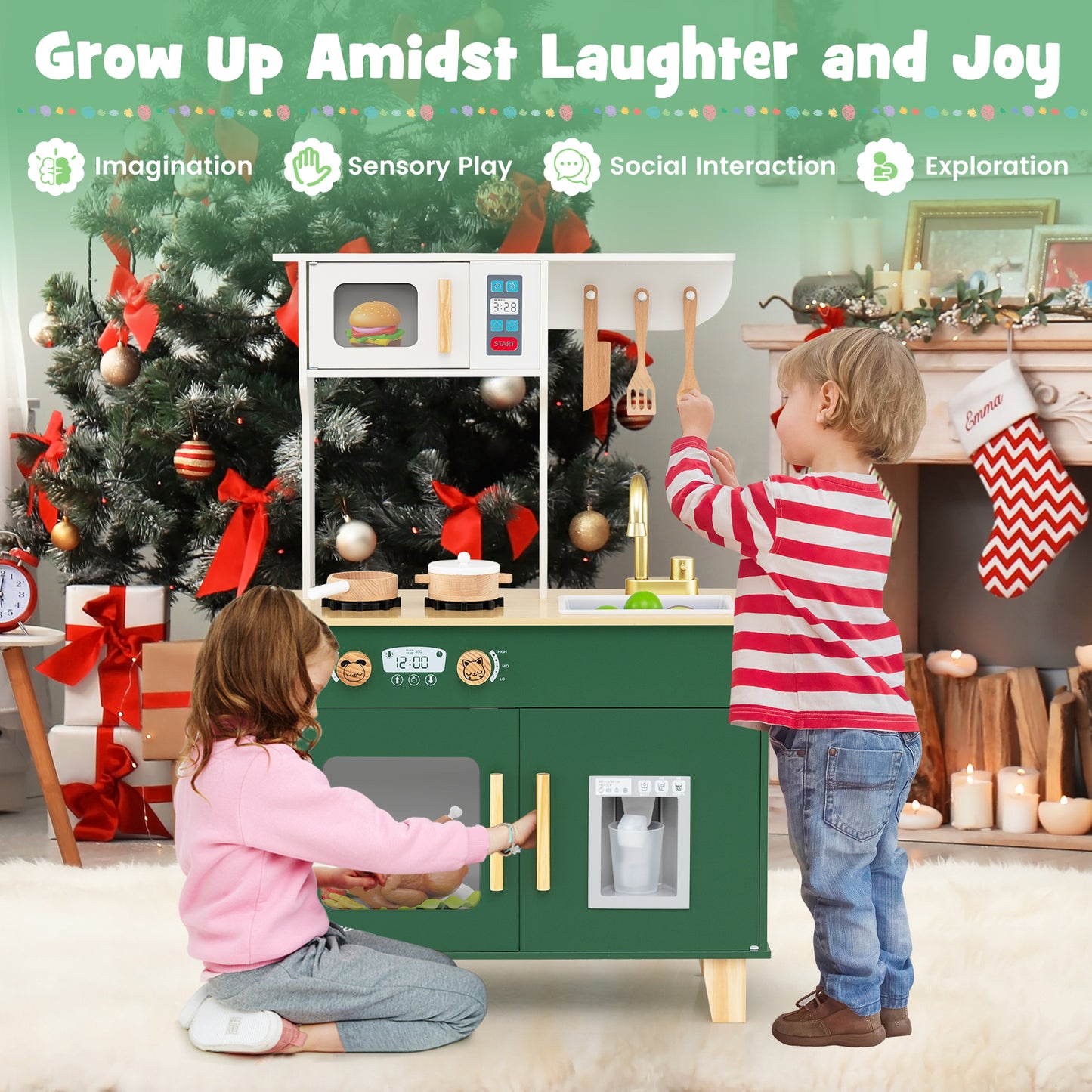 Green Wooden Play Kitchen | Microwave Ice Dispenser Ages 3-6