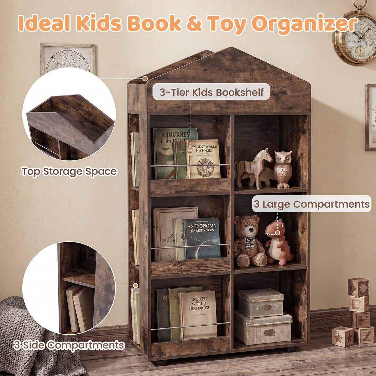 Coffee House Shaped Kids Bookshelf | Toy Storage Organizer