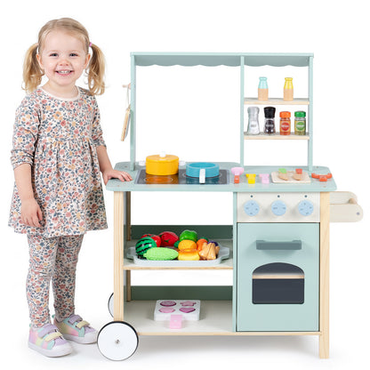 Green Wooden Play Kitchen With Oven Stove & Rolling Wheels