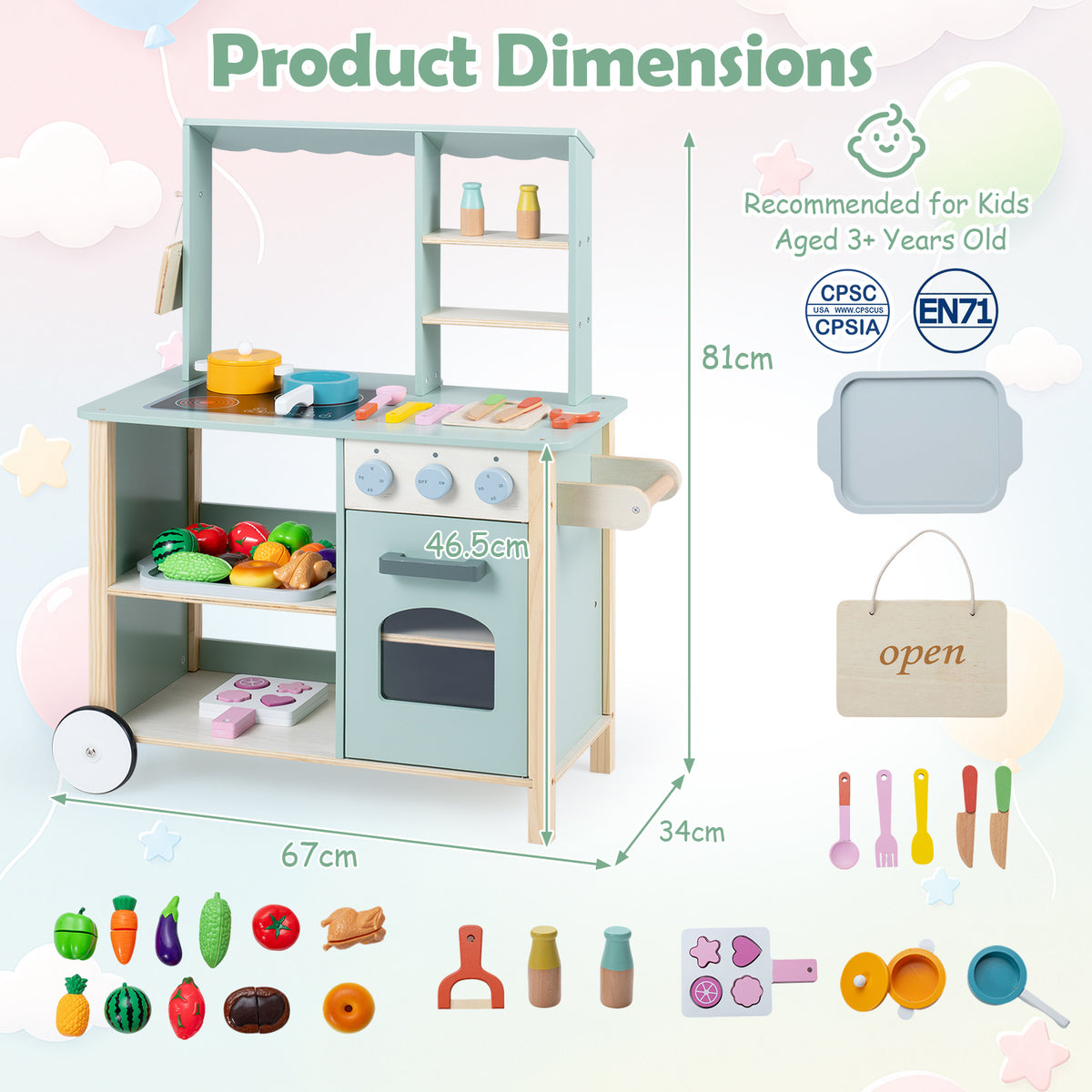 Green Wooden Play Kitchen With Oven Stove & Rolling Wheels